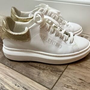 Valentino White Leather Sneakers w/ Gold Heel – Size 8